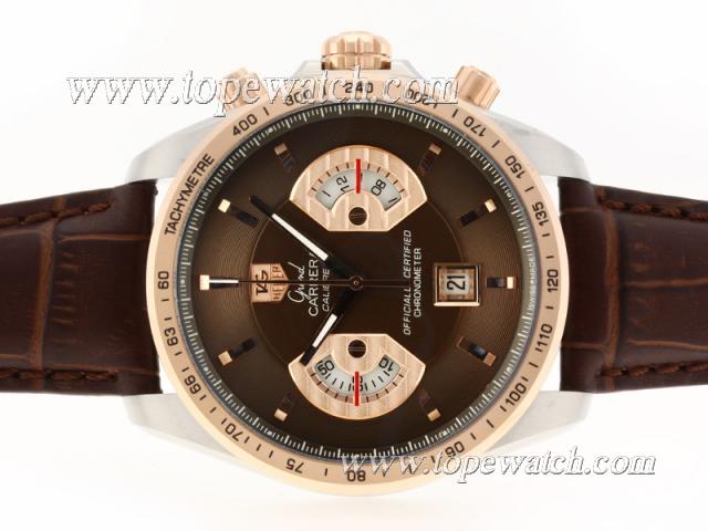 Replica Tag Heuer Grand Carrera Calibre 17 Working Chrono Two Tone Case with Brown Dial-Same Structure As ETA Version-High Quality