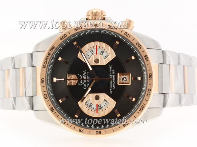 Replica Tag Heuer Grand Carrera Calibre 17 Working Chrono Two Tone with Black Dial-Same Structure As ETA Version-High Quality