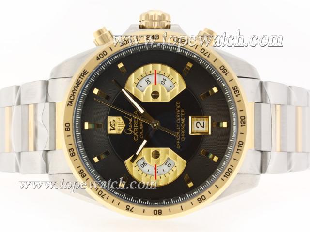 Replica Tag Heuer Grand Carrera Calibre 17 Working Chrono Two Tone with Black Dial-Same Structure As ETA Version-High Quality