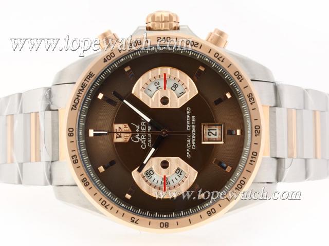 Replica Tag Heuer Grand Carrera Calibre 17 Working Chrono Two Tone with Brown Dial-Same Structure As ETA Version-High Quality