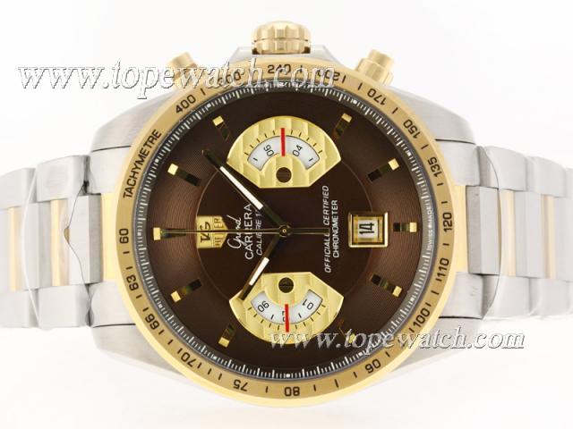 Replica Tag Heuer Grand Carrera Calibre 17 Working Chrono Two Tone with Brown Dial-Same Structure As ETA Version-High Quality