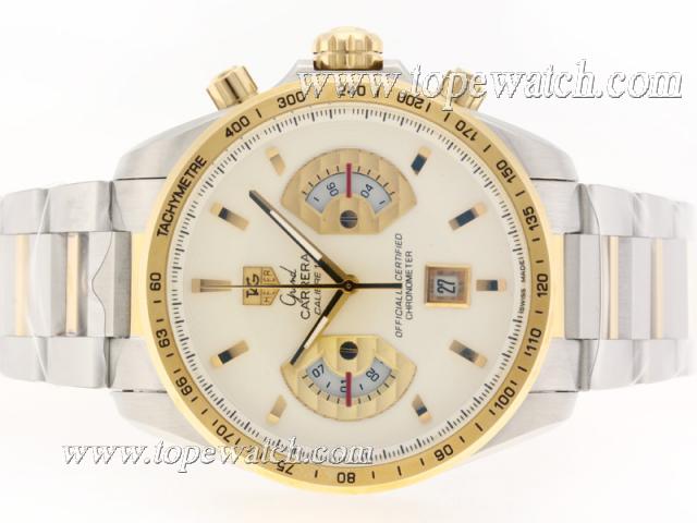 Replica Tag Heuer Grand Carrera Calibre 17 Working Chrono Two Tone with White Dial-Same Structure As ETA Version-High Quality