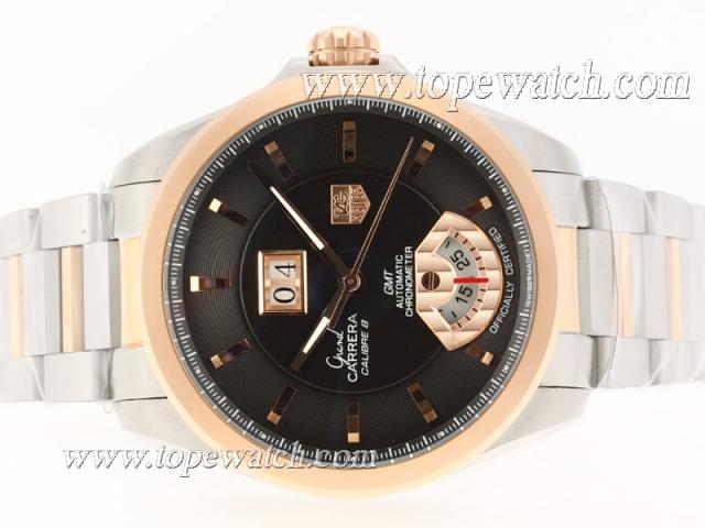 Replica Tag Heuer Grand Carrera Calibre 8 Automatic Two Tone with Black Dial-Same Structure As ETA Version-High Quality