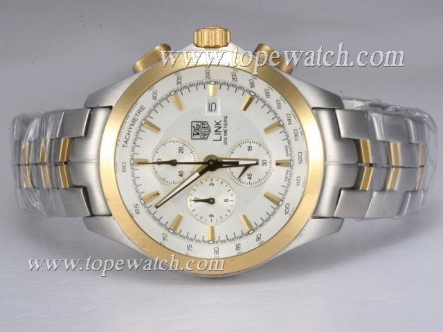 Replica Tag Heuer Link 200 Meters Working Chronograph AR Coating-Two Tone with White Dial Same Chassis As 7750-High Quality