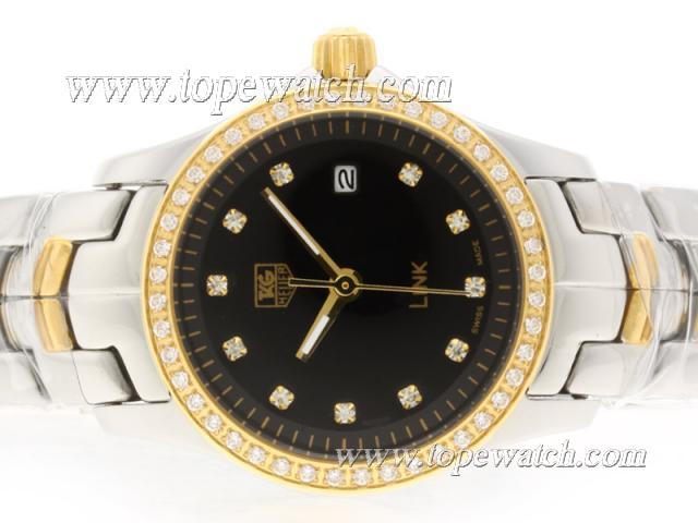 Replica Tag Heuer Link Swiss ETA Movement Two Tone Diamond Bezel with Black Dial-Lady Model 1:1 Version